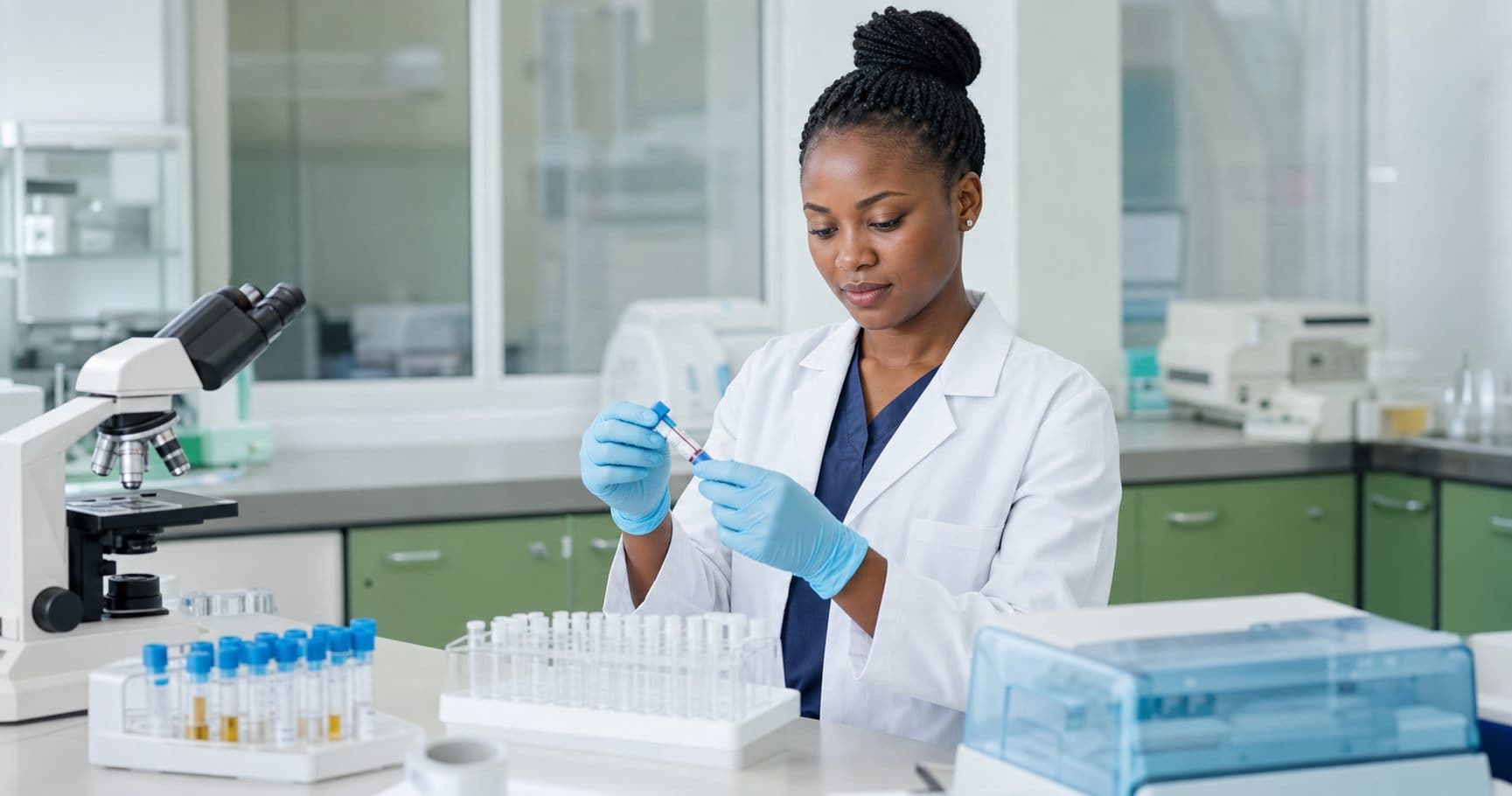 African laboratory technologist working in a clean diagnostic laboratory