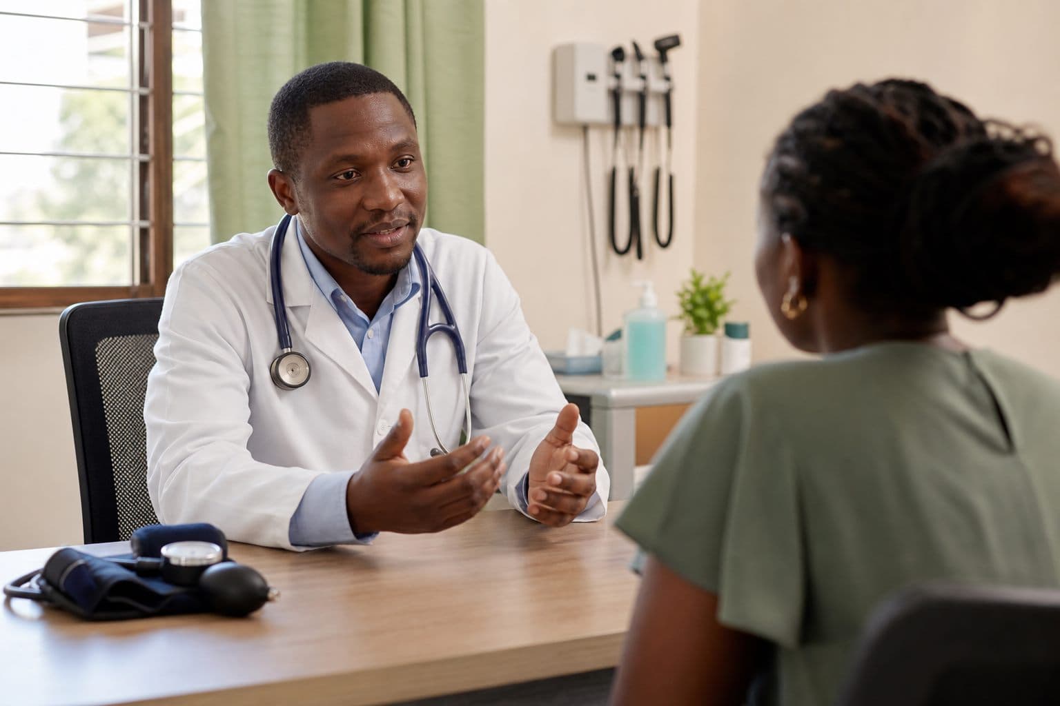 African doctor explaining care options during a private outpatient consultation