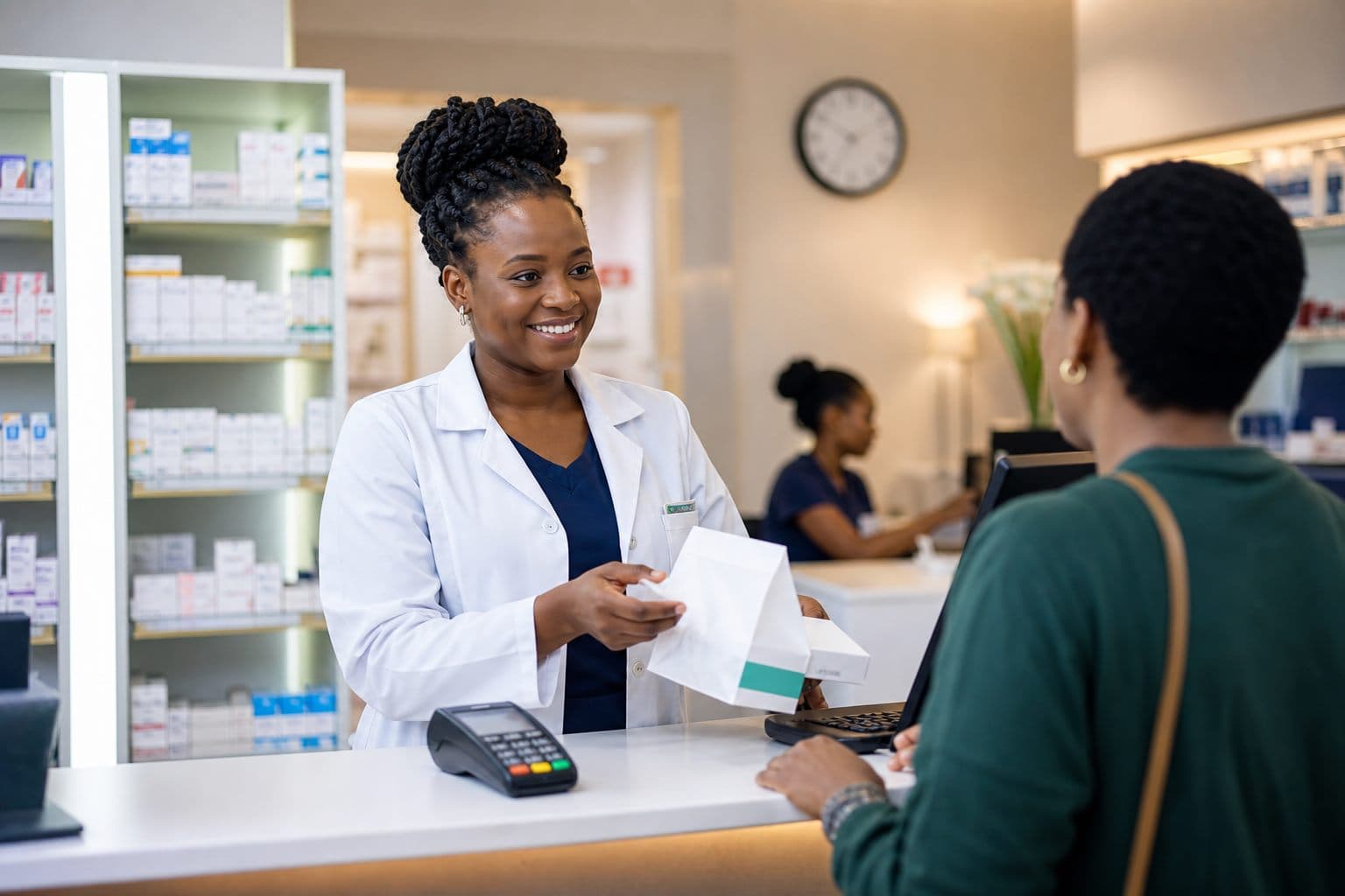 African pharmacy professional assisting a visitor at a clean clinic pharmacy counter